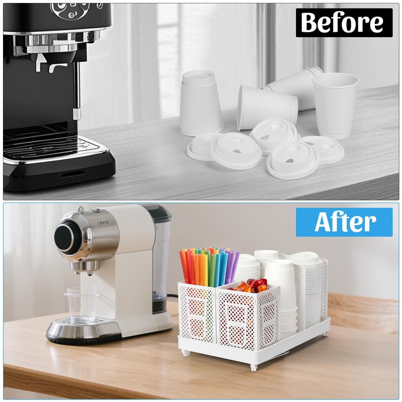 6-Compartment Coffee Cup Dispenser with Straws Holder, Plastic Coffee Cup