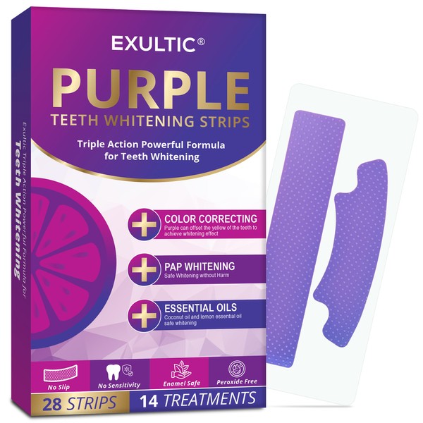 Purple Teeth Whitening Strips, Color Correcting + Pap + Essential Oils, Triple Action Powerful Formula Teeth Whitening, Peroxide Free, Sensitive Friendly Teeth Whitening Kit, 28 Strips