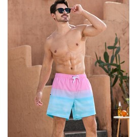 SILKWORLD Men Swimming Trunks Quick Dry Swim Shorts Bathing Suit with Compression Liner, Pink Blue, Medium