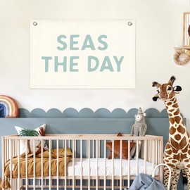 Lacama Beach Theme Wall Decor for Boys Room, Coastal Kids Playroom Nursery Hanging Sign, Seas The Day Linen Canvas Banner, Rustic Nautical Surf 30x20 Inch