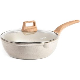 CAROTE 10Inch Nonstick Deep Frying Pan with Lid, 4.5Qt Jumbo Cooker Saute Pan with Pour Spout, Skillet Induction Cookware, Non Stick Cooking Pan Kitchen Pan PFOA Free, White Granite