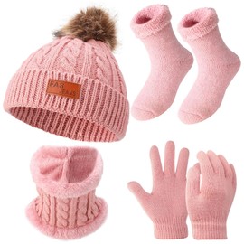 GSrenyu 4 Pack Kids Hat Scarf Gloves Set, Pink Girls Hat Scarf Gloves and Sock Set, Thermal Knit Hat Scarf and Gloves Set Kids with Faux Fur for 4-8 Girls