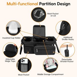 UHURU Universal Pram Organiser Bag with Insulated Coffee Cup Holders & Phone Storage, Stroller Organiser fits Bugaboo, UPPAbaby & More, Black Travel Bag Pram Organizer, Baby Buggy Pram Caddy