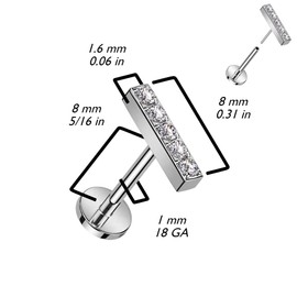 Pierced Owl 18GA F136 Implant Grade Titanium Threadless Push In CZ Crystal Lined Straight Bar Top Flat Back Stud (Silver Tone/Clear)