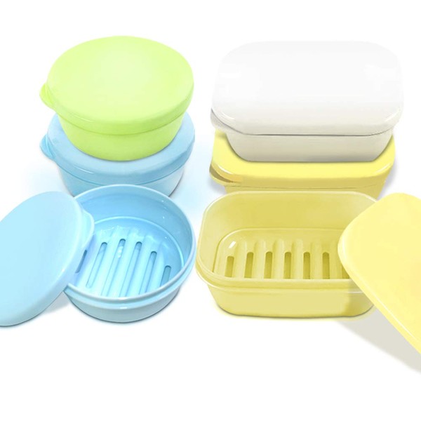 FineGood 4 x Waterproof Soap Dish with Lids, Self Draining Soap Dish, Portable Soap Dispenser for Bathroom - Yellow, White, Blue, Green