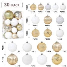 Annecy Christmas Tree Ornaments - 30 PCS Shatterproof Plastic Christmas Ball Ornaments Set for Xmas Tree, Holiday, Wreath & Party Decorations (Multi-Size, Gold, White)