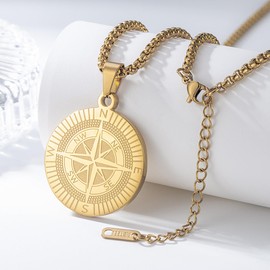 Yaumatea Men's Compass Pendant Necklace, Stainless Steel Navigator Amulet, Inspirational Guidance Jewelry, Waterproof & Sweatproof, 22+2” Chain, regular, Stainless Steel, No Gemstone