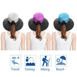 3 Pieces Womens Ponytail Wide Brim Sun Hat Packable UV Protection Beach Cap for Fishing & Hiking(Purple＆Sky Blue＆Beige)