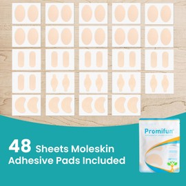 Promifun - Tiras de moleskin con almohadillas para orejas adhesivas para prevención de ampollas, calcomanías para la piel del topo, para pies, talón, zapatos, acolchado, 48 hojas de 4 formas, color