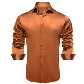 Hi-Tie Satin Mens Burnt Orange Silk Shirts Long Sleeve Dress Shirts for Men Button Down Regular Fit Party Wedding