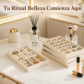 6 PCS Bandejas de Joyería de Terciopelo, Organizadores de Joyas Apilables, Compartimentos para Collares, Aretes, Anillos y Pulseras, Diseño Elegante, Ideal para Tocador y Cajón (Gris)