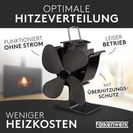 FALKENWERK Stove Fan without Electricity, Quiet Fireplace Fan with 4 Blades, Efficient and Heat-Powered Fan for Fireplace, Oven Fan for Heat Distribution, Glove and Thermometer