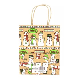 Jo-ann's Snowman Family Gift Bag,Tan,Raffia Handle,Button Up,Hearts,7"x3