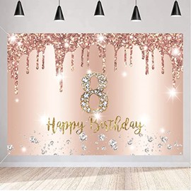 8th Birthday Decoration Happy EighthBirthday Backdrop for Girls 8 Years Old Birthday Party Background Glitter Rosegold Party Banner Kids Photo Studio Props, 150 cm x 90 cm