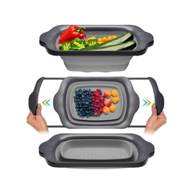 XL Large Kitchen Strainer by Comfify - Collapsible Silicone Over-The-Sink Colander with Extendable Handles - Use with Pasta, Fruit, Berries & Veggie - 6 Quart - Gray