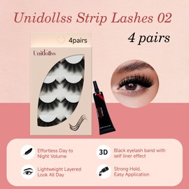 False Eyelashes Wispy Lashes Cat Eye lashes Natural Look Unidollss Fake Eyeashes Waterproof Strip Lashes Kit with Lash Glue, Black Band, Cruelty Free, Reusable, Contact Lens Friendly, 4 Pairs(02)