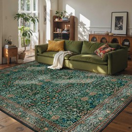 Rugxara 8x10 Area Rugs for Living Room, Large Washable Rug, Green Vintage Floral Boho Rug, Non Slip & Low Pile Faux Wool Thin Carpet for Indoor Dining Room and Bedroom(Dark Green 8x10ft)
