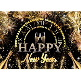 LYCGS 10X8ft 2024 Happy New Year Backdrop Black and Gold New Year Background Fireworks New Year Backdrops for Photography New Year's Eve Party Decoration Banner X-178