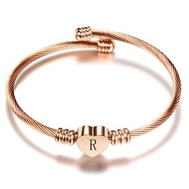 OutstandLong Initial R Letter Rose Gold Cuff Bracelet for Wife Women Alphabet Heart Expandable Charm Bracelets