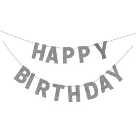 Pre-Strung Happy Birthday Banner – Silver Glitter Letter Garland, No DIY Party Decoration for Men Women, Wall or Window Backdrop | Bannière Joyeux Anniversaire Argent, Guirlande Prête à Suspendre, Déco Murale Fête
