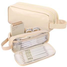 Cute Pencil Case for Kids and Adults, Large Capacity Clear Pencil Case Organizer, Portable Aesthetic Pencil Pouch Stationery Makeup Storage for Office School Travel (Apricot)