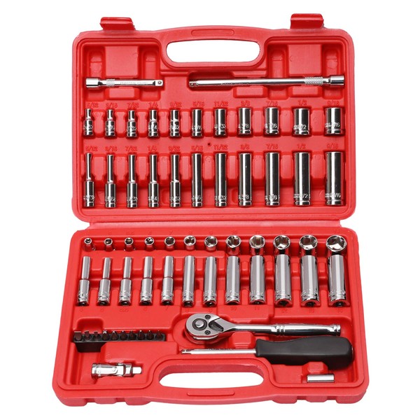 CASOMAN 1/4-Inch Drive Master Socket Set with Ratchets, Adapters, Extensions with 1/4’‘ Dr. Bits Set, Inch/Metric, 6-Point, 5/32-Inch - 9/16-Inch, 4 mm - 14 mm, 62-Piece 1/4" Dr. Socket Set