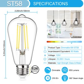MAXvolador Vintage LED Edison Bulb Dimmable 60W Equivalent 850 Lumens, 6W Edison Light Bulbs 5000K, Antique ST58 LED Filament Bulb E26 Base, Pack of 4