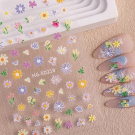 Flower Nail Art Stickers Decals Spring Colorful Flower Nail Stickers 3D Summer Self-Adhesive Cute Daisy Floral for Nails Flowers Designs 5D Embossed Nail Supplies Manicure Decal DIY Decor for Women