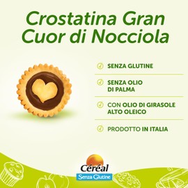 Céréal Gran Cuor di Nocciola, Crostatine alla Nocciola Senza Glutine, Senza Lievito, 4 Dolci Senza Glutine, 150 gr