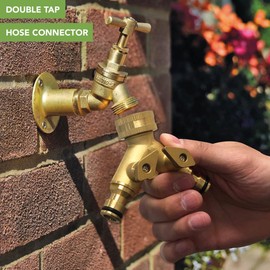 BLOSTM Garden Tap Splitter 2 Way - Brass Outdoor Tap Connector for Dual Hose Connectors, Anti-Leak Dual Tap Connector for Irrigation System, Hose & Garden Equipment - 9.5 x 7.5cm Hose Pipe Connector