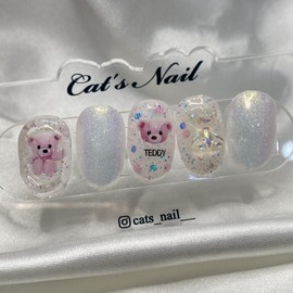 Glitter Teddy Bear Nail Handmade Nail Tips - Coffin / 글리터 테디베어네일 수제네일팁 - 코핀