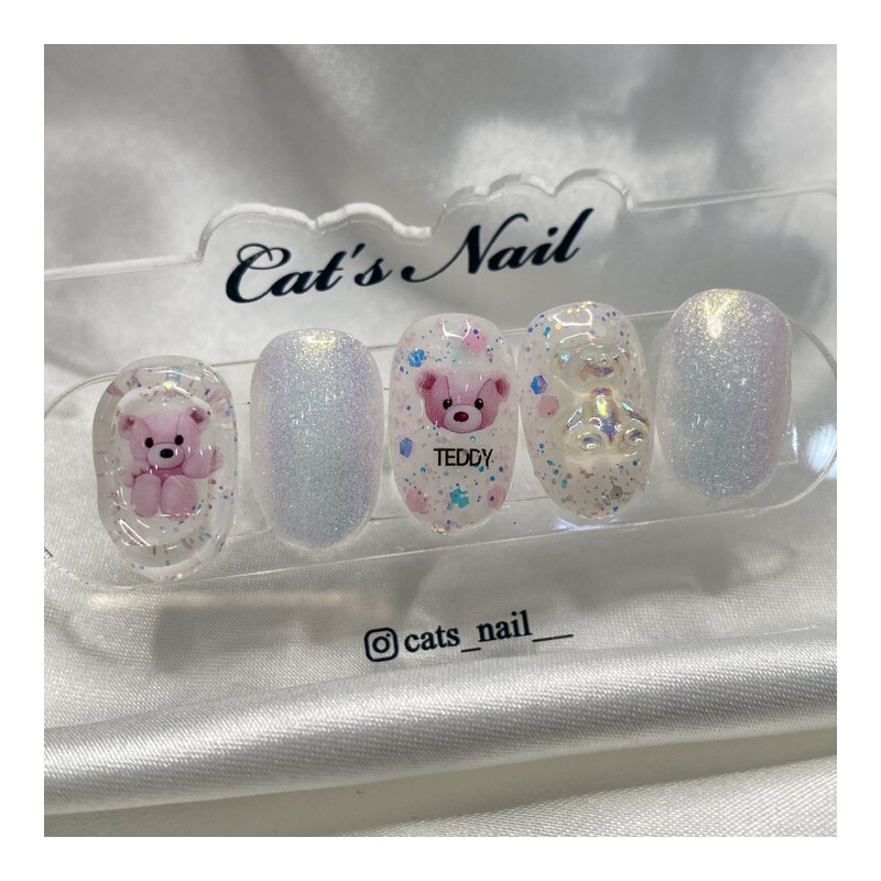 Glitter Teddy Bear Nail Handmade Nail Tips - Coffin /