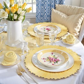 EI 20pcs Gold Charger Plates Bulk 13inch Plastic Chargers for Dinner Plate Disposable Golden Flash Reef Charger Plates Table Chargers for Family Party Wedding Birthday Afternoon Tea Decoration