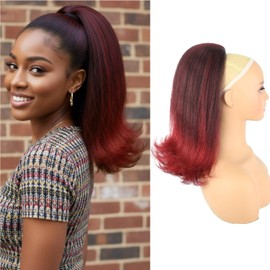 Black to Burgundy Ombre Drawstring Ponytail Extension with Flicked Ends 14 Inch Yaki Straight Synthetic Ponytail Hairpiece for Black Women(T1B/BUG)