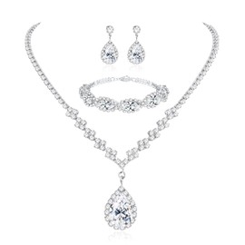 CASSIECA Silver Bridal Jewelry Set Rhinestone Necklace Bracelet Dangle Earrings for Bride Bridesmaid Teardrop Pendant Crystal Wedding Prom Jewelry Accessories for Women