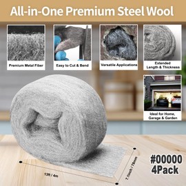 Shineboc Steel Wool Mice Control, 4 Pack of 3.1" x13 Ft #00000 Steel Wool Roll Gap Filler for House Garage Garden, Keep Mice Away from Holes Siding Pipeline Vents Wood Metel Polishing, Extra Fine