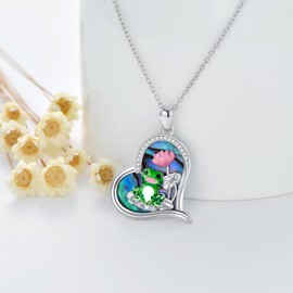 LONAGO Frog Heart Necklace with Lotus 925 Sterling Silver Frog Necklace with Abalone Shell Gift for Women