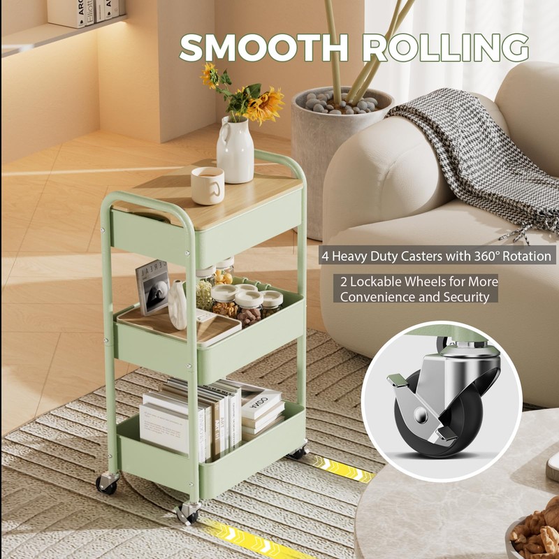 johgee 3 Tier Rolling Cart with Table top, Metal Rolling