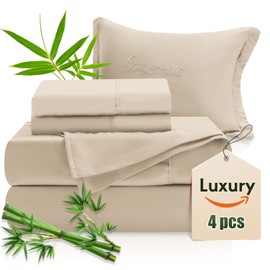 Luxury Sheets 100% Viscose Derived from Bamboo, 4pcs Cooling Sheet Set for Hot Sleeper, Queen Size Bedding, 16" Deep Pocket, Beige