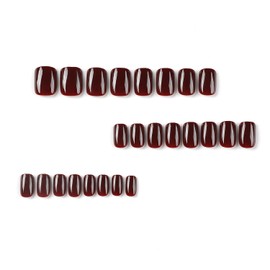 Square Press on Nails Short Fake Nails Glossy with Design Acrylic False Nails Wine Red Stick on Nails Full Cover Glue on Nails for Women Decoration Manicure 24Pcs