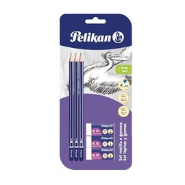 Pelikan 24005807 - Set of 3 Graphite Pencils HB and 3 Rubber AL30, School Set, FSC Certified Wood, Shaft with Hexagonal Cross Section, Shatterproof Leads