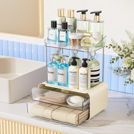 Delamu Bathroom Counter Organizer 2-Drawers 2-Tier Acrylic Makeup Organizer for Vanity Countertop, Skincare Perfume Storage, Easy Assembly, Ideal Gift for Women Cream White