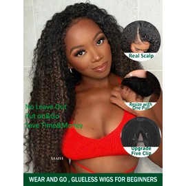 KLAIYI Ombre Brown V Part Curly Human Hair Upgrade U Part Wig with Dark Root Glueless Chestnut Brown Clip in Half Wig No Glue No Lace No Leave Out 3S Ready to Wear and Go Beginner Friendly 150% 22Inch