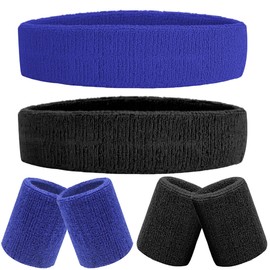 IMAGERIO 6 Pieces Sweatband Set Sports Headband Wristband Set, Moisture Wicking Athletic Sweatbands 4 Wrist Sweatband and 2 Headbands, Terry Cloth Sweat Absorbing Head Band for Workout -(Black+Blue)