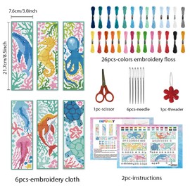 INFUNLY 6 Set Sea Animals Cross Stitch Bookmark Kit for Beginners Whale DIY Cross Stitch Kits 8"x2.4" Pre-Printed Jellyfish Stamped Embroidery Bookmark Kit with Instruction for Book Lovers Reader Gift