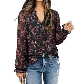 Gaharu Fashion Women Blouse for Work: Long Puff Sleeve Tops for Office Formal Business Meeting Interview - Trendy Fashionistas Multi-Black L