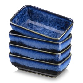 vancasso Stern Blue 4-Piece Saucer Dish Set, Reactive Glaze Dipping Snack Bowl, Ceramic Small Serving Dish/Condiment Dish/Seasoning Bowl/Sushi Soy Dish, Rectangular. (11.5x6.8x4cm)