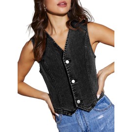 Sidefeel Women's Denim Vest Sleeveless V Neck Denim Tank Top Button Down Crop Jean Jacket Waistcoat Large Black