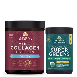 Ancient Nutrition Organic Supergreens Powder, Mango, 25 Servings + Multi Collagen Protein Powder, Vanilla, 60 Servings