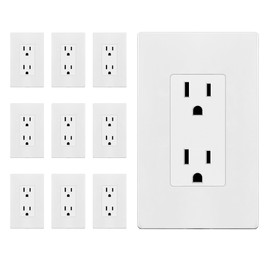 TG Matte White Decorator Receptacle with Screwless Wall Plate, Standard Electrical Wall Outlet, 15A 125V, Self-Grounding, 2-Pole, 3-Wire, UL Listed, RT-D215-MW, 10 Pack, Non Tamper Resistant